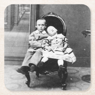 Haunting Vintage Sibling Portrait Square Paper Coaster