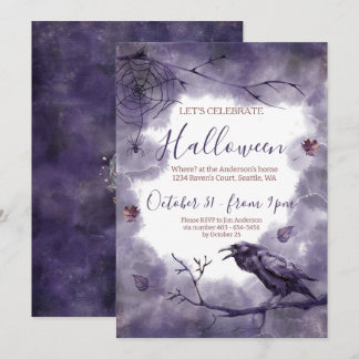 Hauntingly Beautiful Purple Raven Halloween Party Invitation
