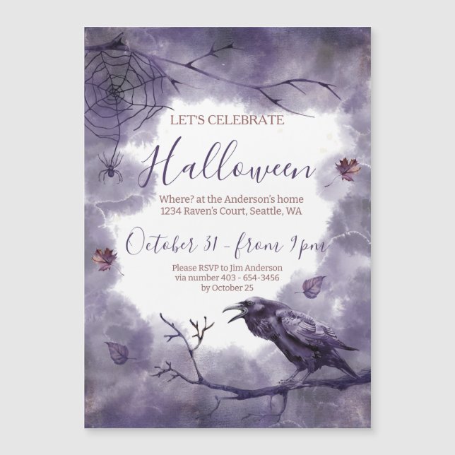 Hauntingly Beautiful Purple Raven Halloween Party  Magnetic Invitation (Front)