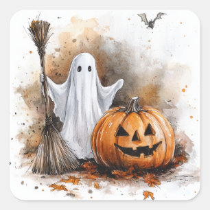 Hauntingly Cute Broomstick Ghost Square Sticker