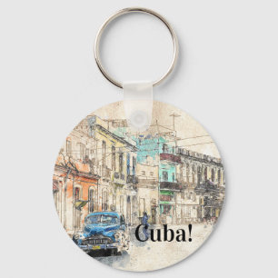 havana Cuba Illustration Key Ring