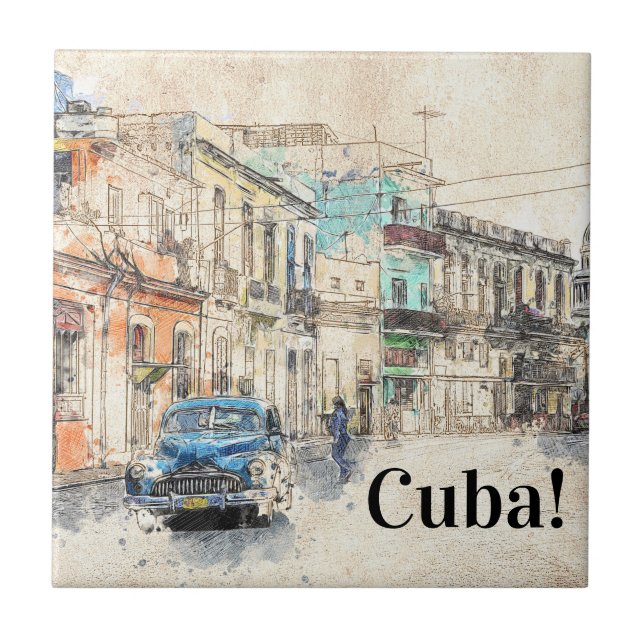 Havana Cuba Illustration Tile (Front)