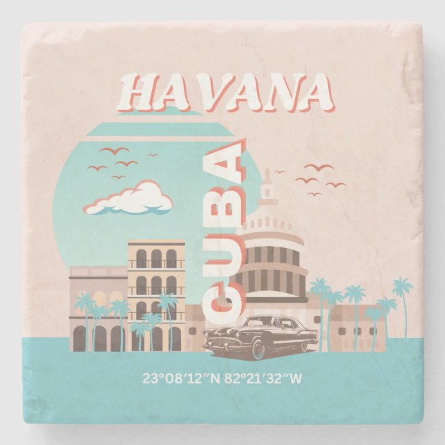 Havana Cuba Retro Travel Art Stone Coaster (Front)