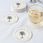 Havana Palm Wedding Round Paper Coaster<br><div class="desc">Island chic coasters are a perfect addition to your beach,  tropical island,  Hawaii or destination wedding. Design features your names and wedding date in charcoal grey,  encircling a vintage etched style palm tree illustration in the centre. Designed to coordinate with our Havana Palm wedding collection.</div>