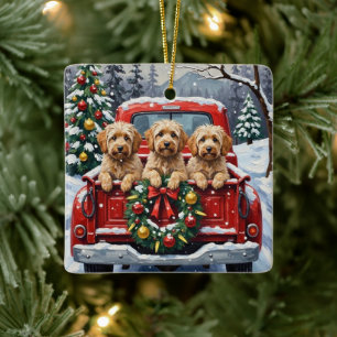 Havanese Christmas Red Truck Holiday Ceramic Ornament