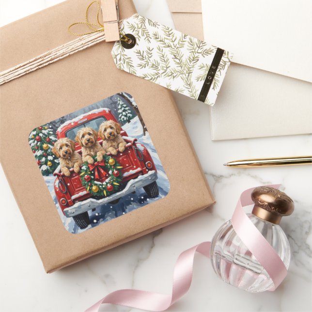 Havanese Christmas Red Truck Holiday Square Sticker (Gifting)