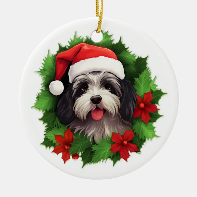 Havanese Christmas wreath Ceramic Tree Decoration (Front)