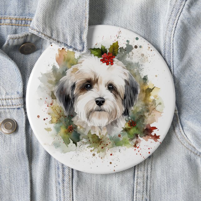 Havanese Christmas Wreath Festive Pup 6 Cm Round Badge (In Situ)