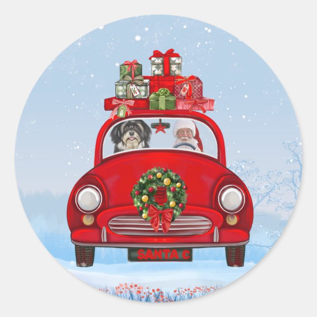 Havanese Dog In Car With Santa Claus  Classic Round Sticker (Front)