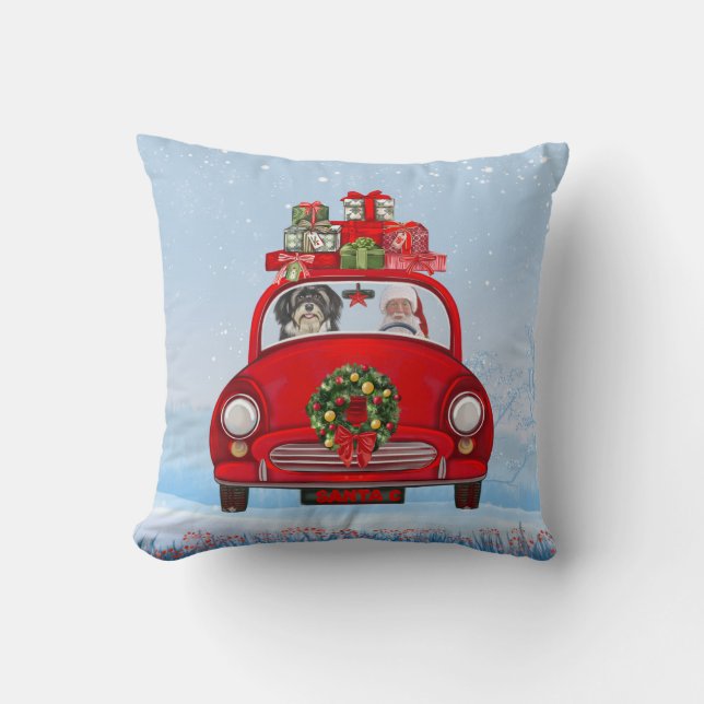 Havanese Dog In Car With Santa Claus Cushion (Front)