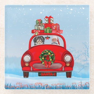 Havanese Dog In Car With Santa Claus  Glass Coaster