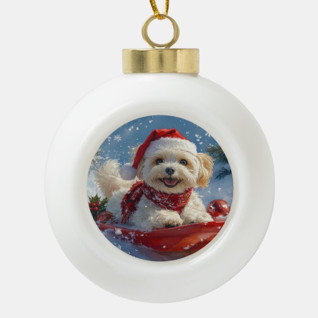 Havanese Dog in Sledge Let it Snow Christmas Ceramic Ball Christmas Ornament (Front)