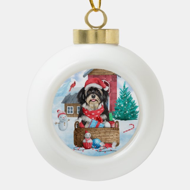 Havanese Dog In snow Christmas Dog House Ceramic Ball Christmas Ornament (Front)
