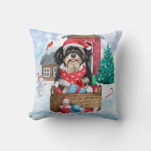 Havanese Dog In snow Christmas Dog House Cushion (Front)