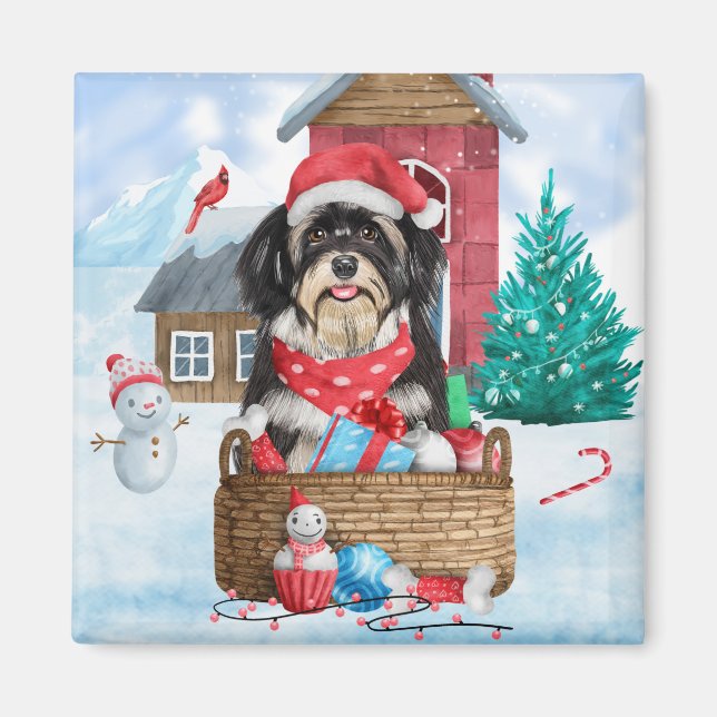 Havanese Dog In snow Christmas Dog House Magnet (Front)