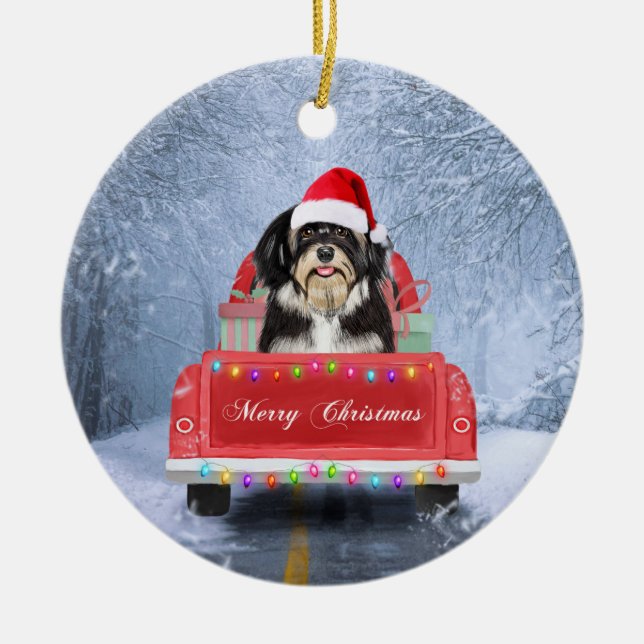 Havanese Dog in Snow sitting in Christmas Truck Ceramic Tree Decoration (Front)