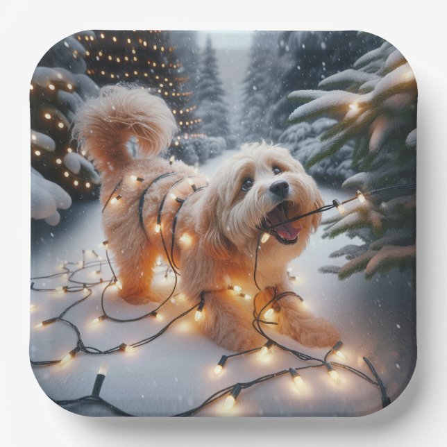 Havanese Dog In  Tangled Christmas Lights Paper Plate (Front)