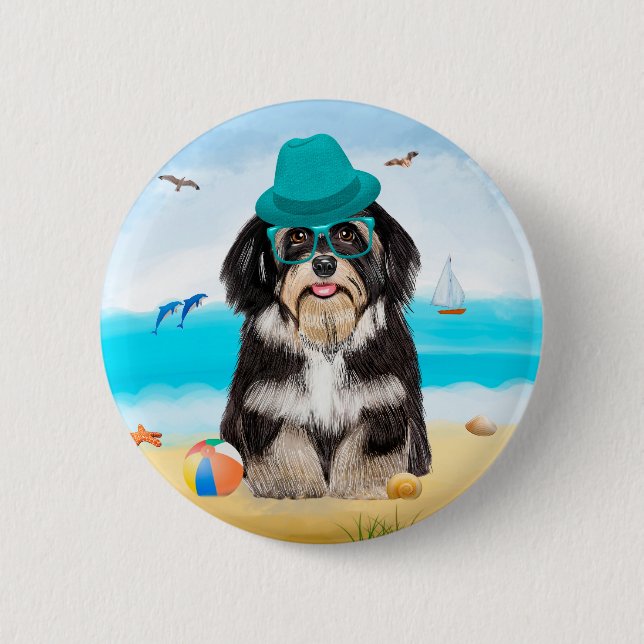 Havanese Dog on Beach 6 Cm Round Badge (Front)