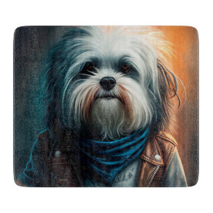 Havanese dog on bike digital painting cutting board
