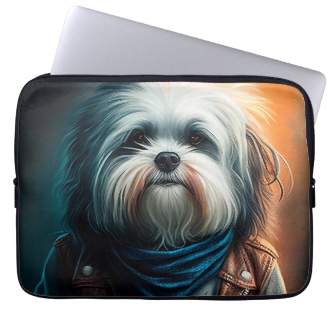 Havanese dog on bike digital painting laptop sleeve (Front)
