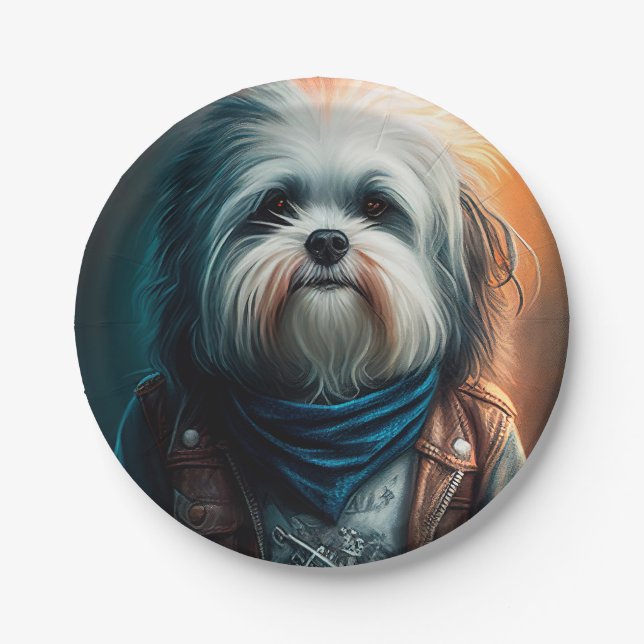 Havanese dog on bike digital painting paper plate (Front)