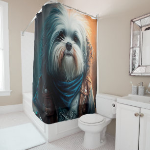 Havanese dog on bike digital painting shower curtain