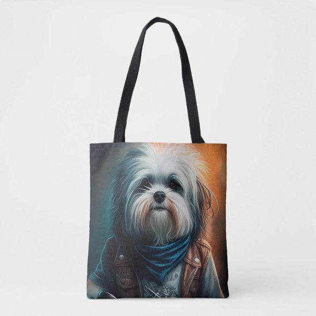 Havanese dog on bike digital painting tote bag (Front)