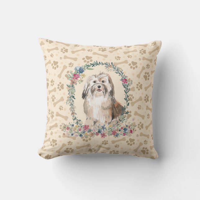 Havanese Dog Paw Print & Floral Cute Cushion (Front)