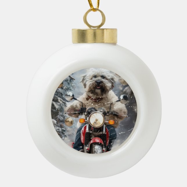 Havanese Dog Riding Motorcycle Christmas Ceramic Ball Christmas Ornament (Front)