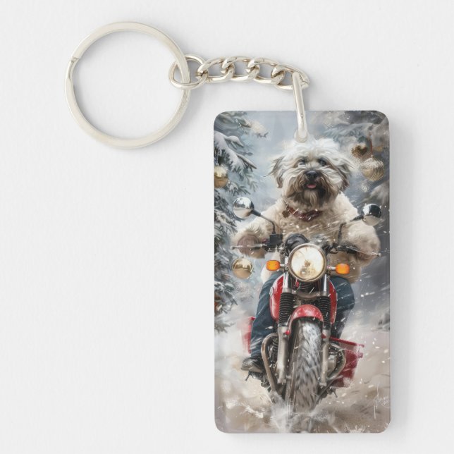 Havanese Dog Riding Motorcycle Christmas Key Ring (Front)