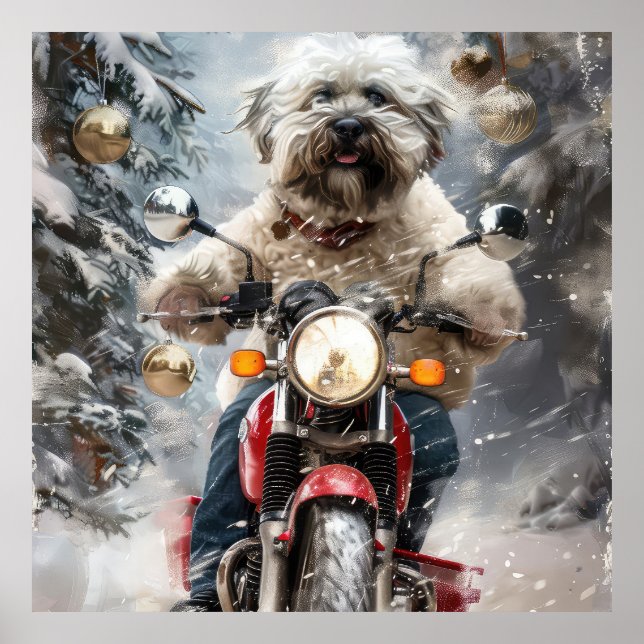 Havanese Dog Riding Motorcycle Christmas Poster (Front)