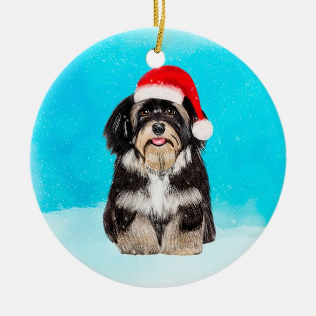 Havanese Dog Sitting In Snow Christmas Hat Ceramic Tree Decoration (Front)