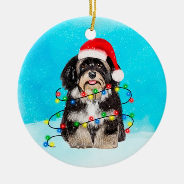 Havanese Dog Sitting In Snow Christmas Hat Lights Ceramic Tree Decoration (Front)