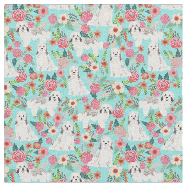 havanese florals dogs mint fabric (Close Up)