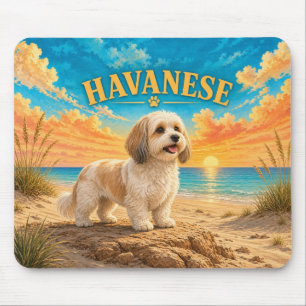 Havanese, Gulf Beach Vintage Watercolor Dog Art Mouse Pad