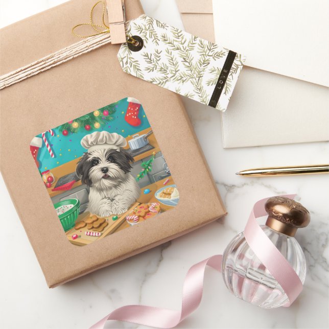 Havanese Holiday Baking: Festive Christmas Square Sticker (Gifting)