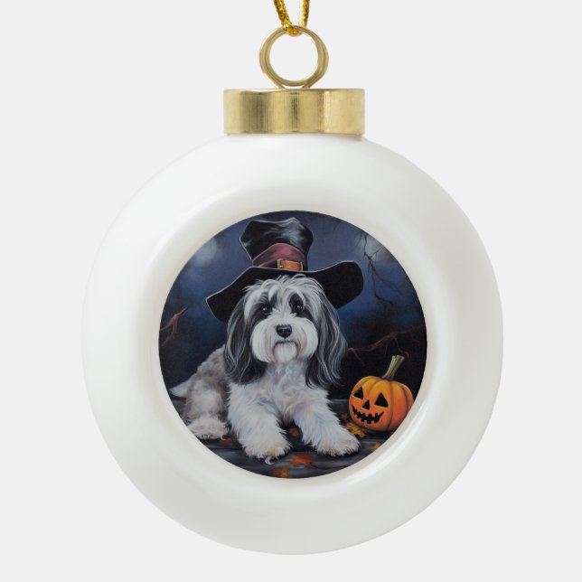 Havanese Pumpkins Halloween Scary Ceramic Ball Christmas Ornament (Front)