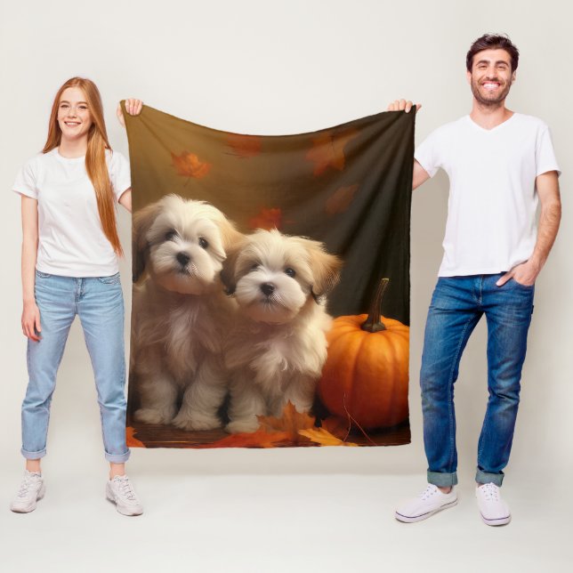 Havanese Puppy Autumn Delight Pumpkin Fleece Blanket (In Situ)