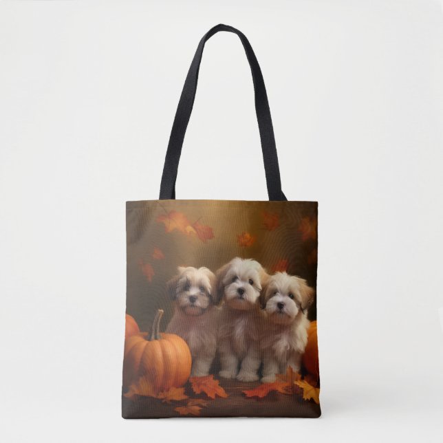 Havanese Puppy Autumn Delight Pumpkin Tote Bag (Front)