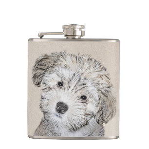 Havanese Puppy Painting - Cute Original Dog Art Hip Flask