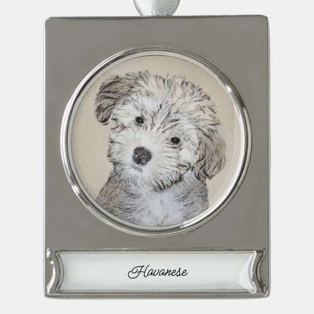Havanese Puppy Painting - Cute Original Dog Art Silver Plated Banner Ornament (Front)
