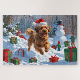 Havanese Running in Snow with Christmas Hat Jigsaw Puzzle