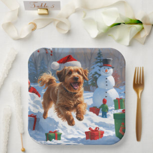 Havanese Running in Snow with Christmas Hat Paper Plate