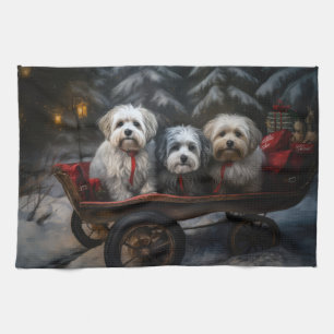 Havanese Snowy Sleigh Christmas Decor  Tea Towel