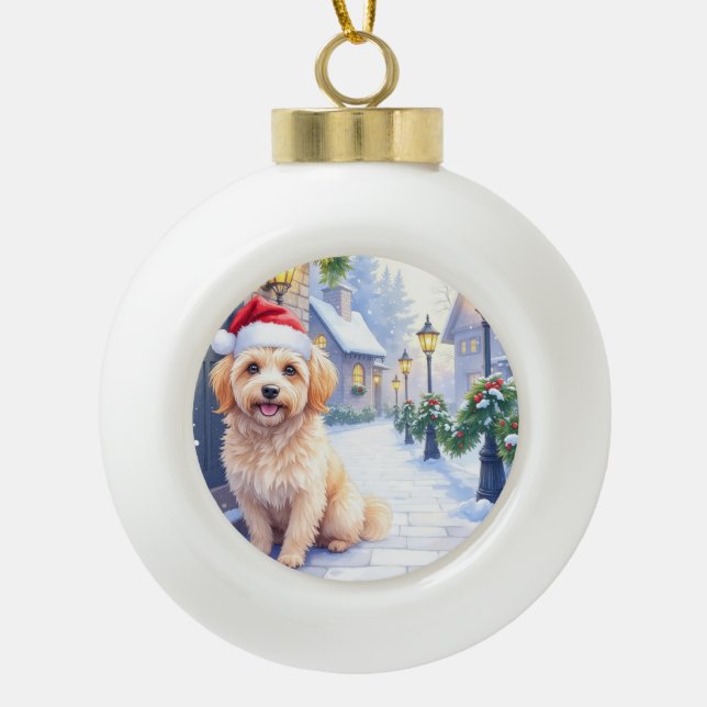 Havanese Snowy Village Walk Santa Hat Christmas Ceramic Ball Christmas Ornament (Front)
