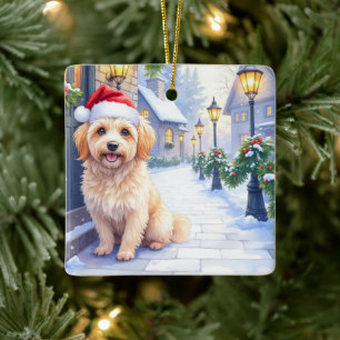 Havanese Snowy Village Walk Santa Hat Christmas Ceramic Ornament