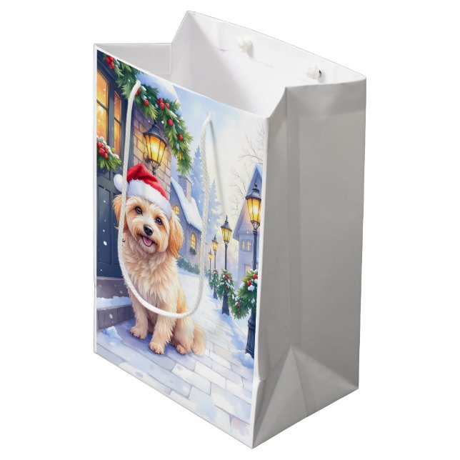 Havanese Snowy Village Walk Santa Hat Christmas Medium Gift Bag (Front Angled)