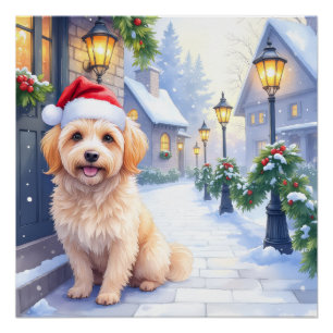 Havanese Snowy Village Walk Santa Hat Christmas Poster
