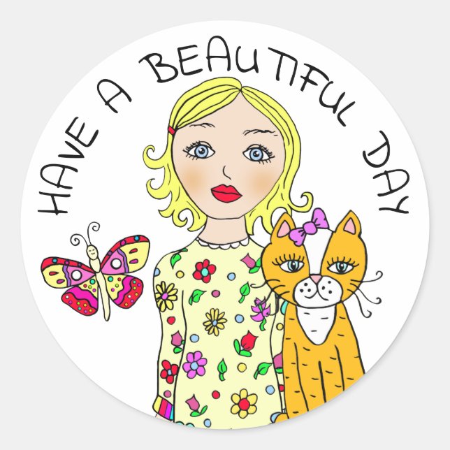 Have a Beautiful Day Whimsical Folk Art Girl Classic Round Sticker (Front)