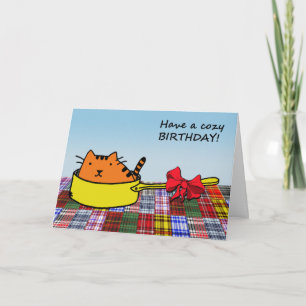 Have a Cosy Birthday! Cute Cat in Pan with Bow Card